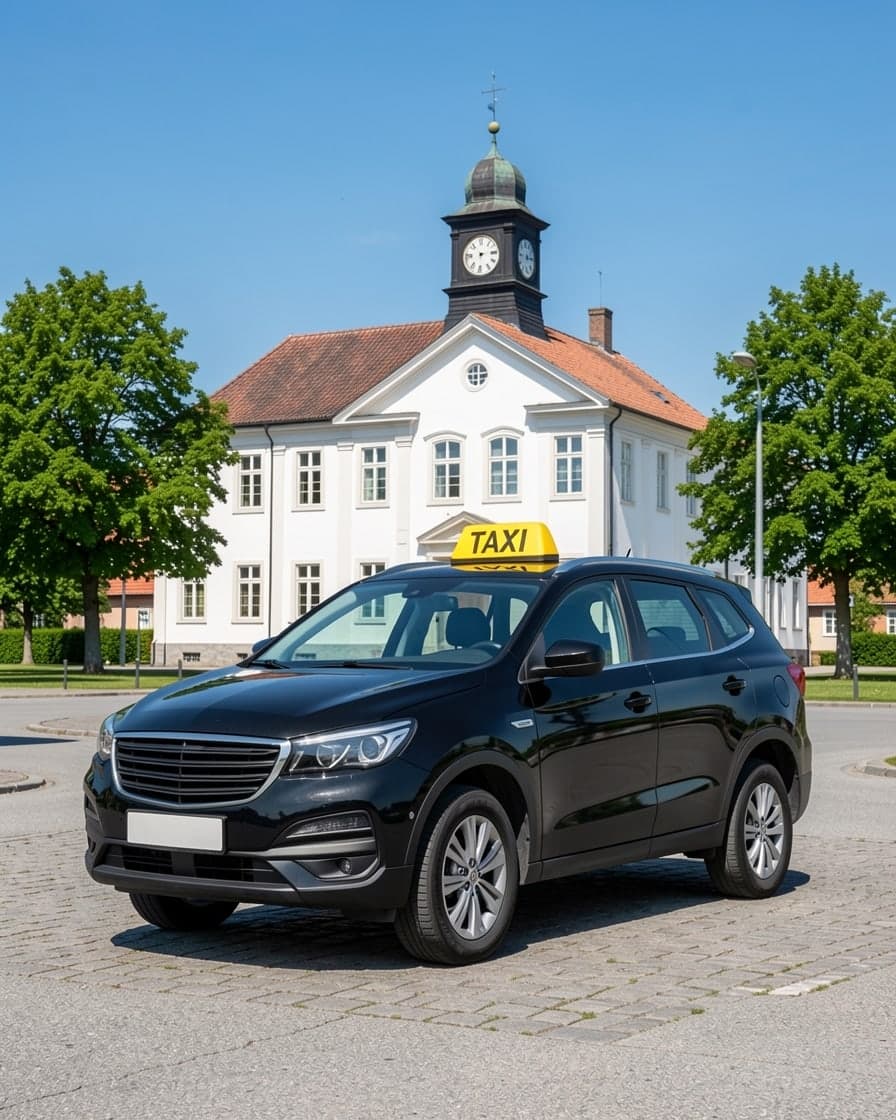 Sort taxi foran rådhuset i Ängelholm
