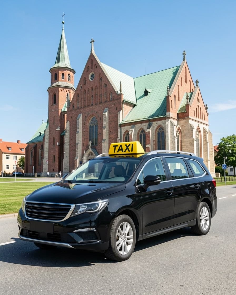 Svart taxi framför Heliga Trefaldighets kyrka i Kristianstad