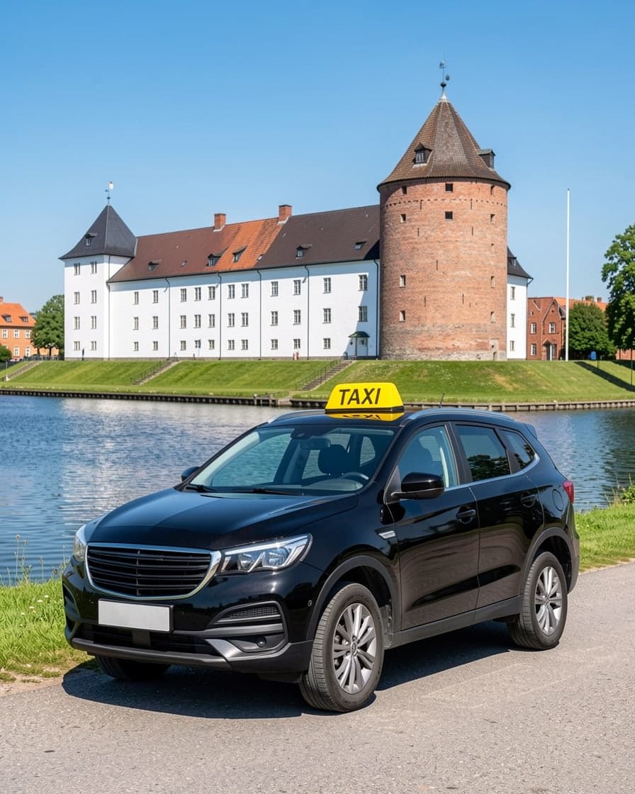 Svart taxi vid vallgraven runt Landskrona citadell