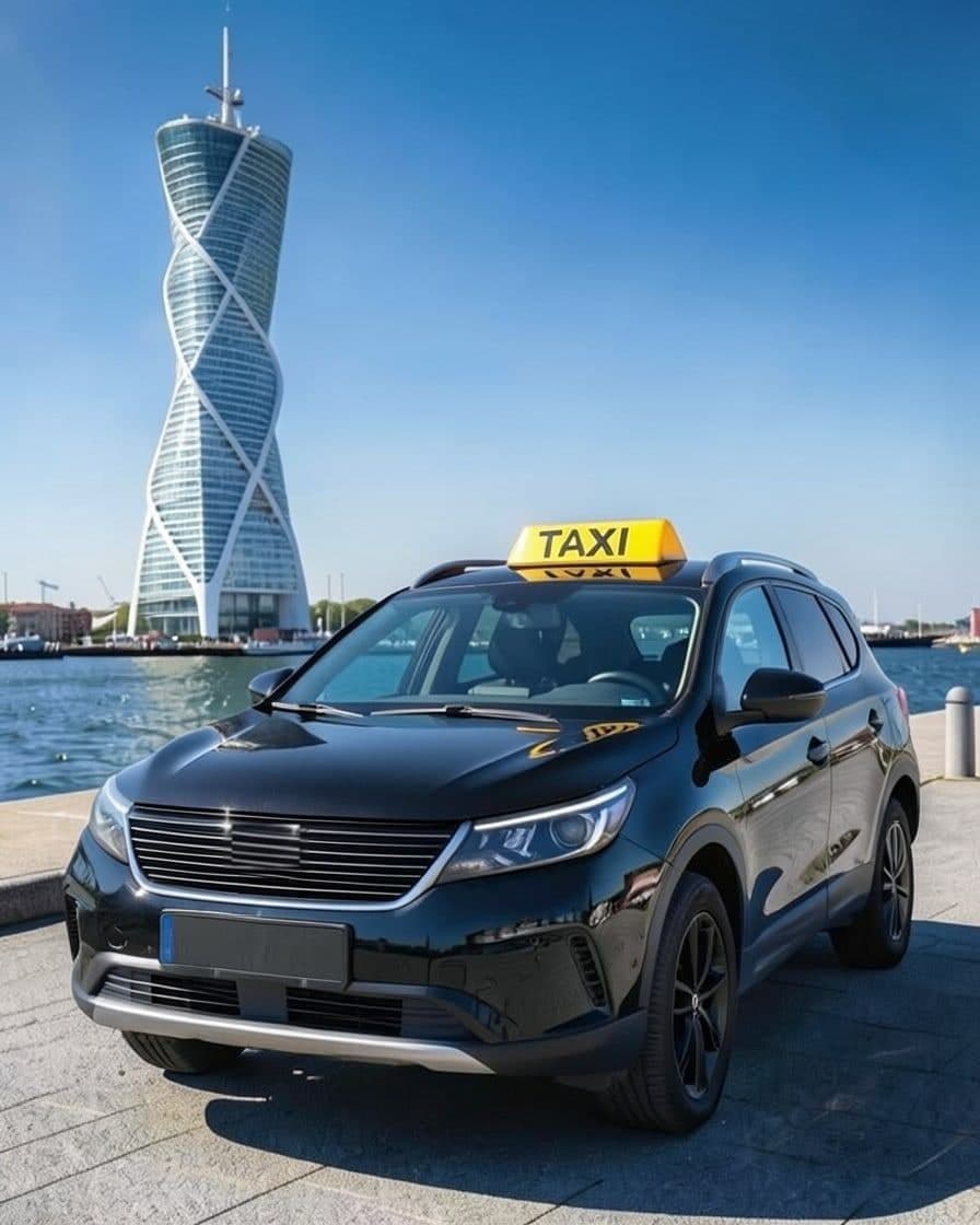 Svart taxi vid hamnen i Malmö med Turning Torso