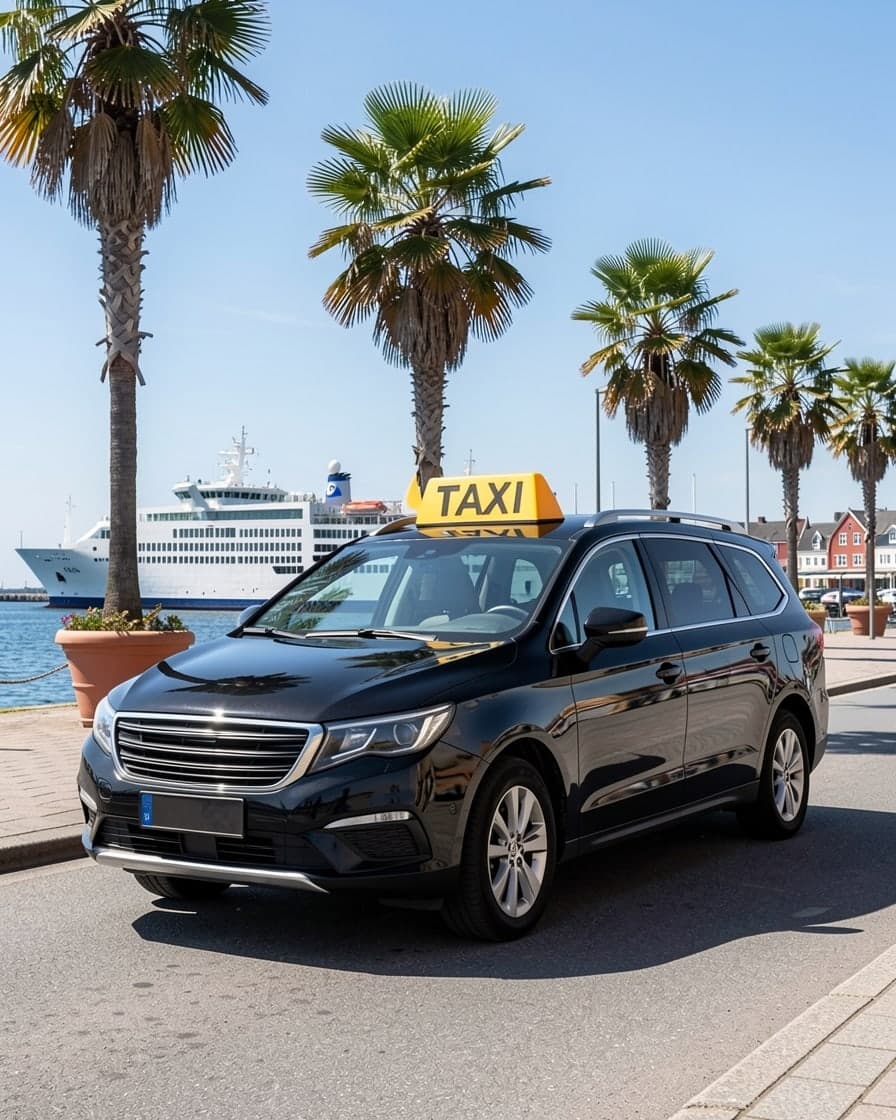 Svart taxi bland palmerna i Trelleborg med en färja i hamnen