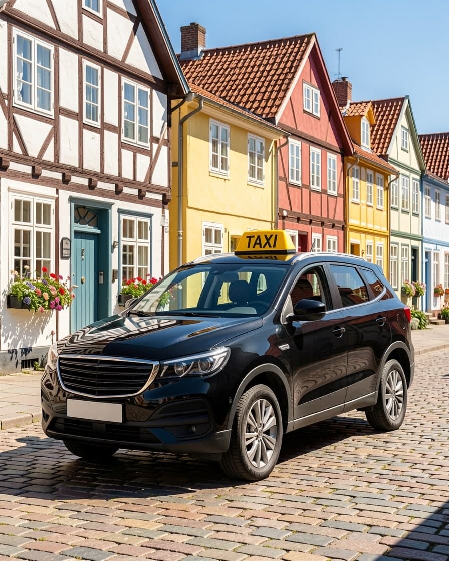 Svart taxi på en kullerstensgata med korsvirkeshus i Ystad