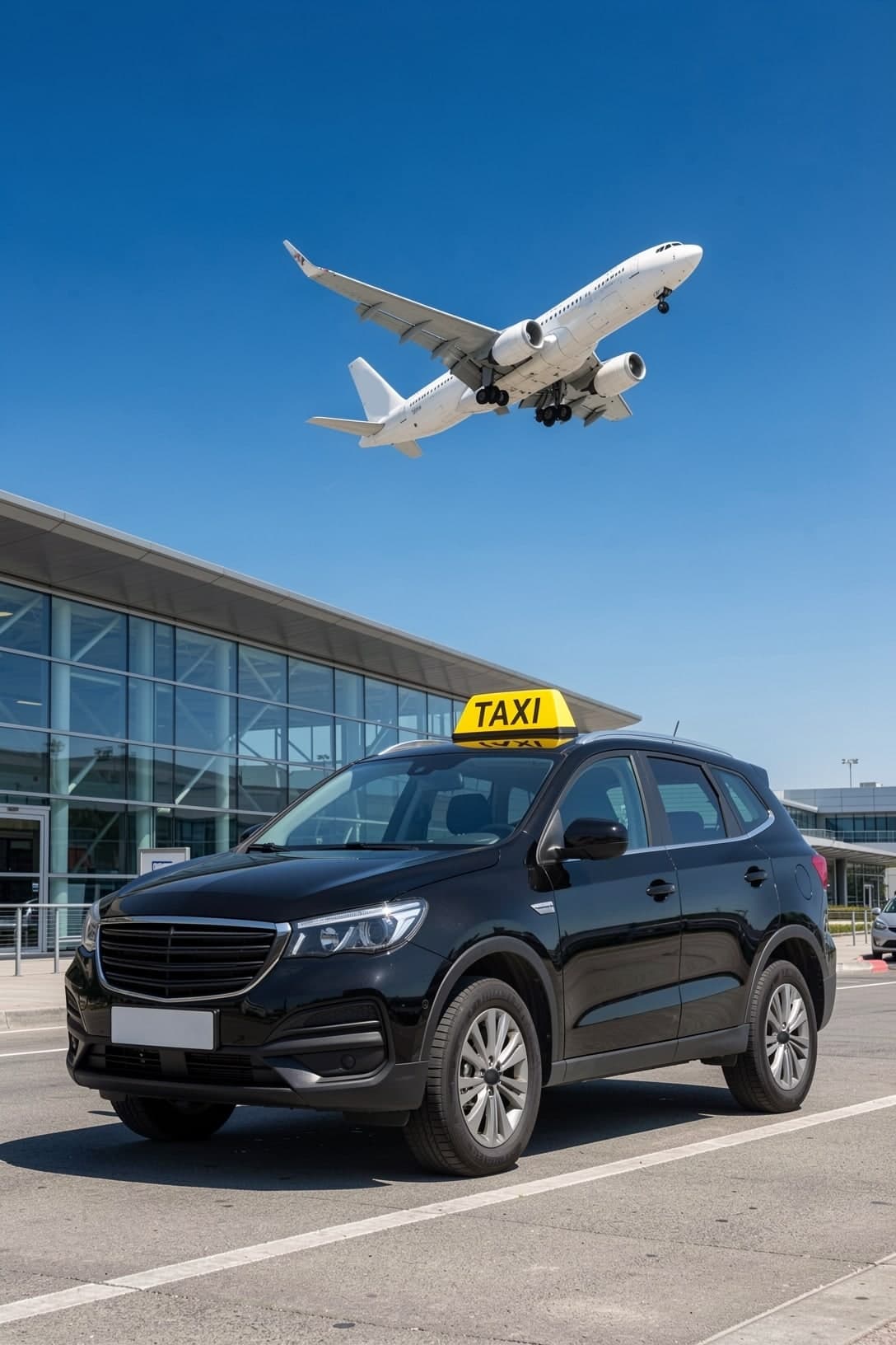 Svart SUV-taxi med gul taxiskylt väntar utanför en upplyst flygterminal på kvällen